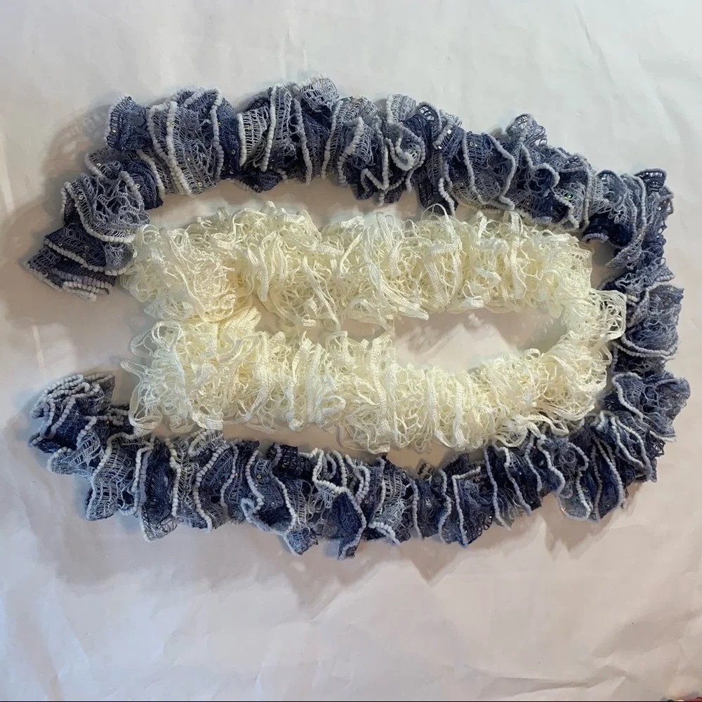 Hand crafted crocheted bell Denim Ivory 2 Piece Scarf set whimsical gypsy